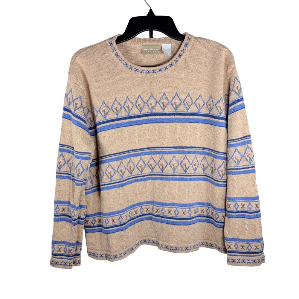 Vintage Liz Claiborne 100% Cotton Fair Isle Cable Knit Sweater Tan Blue Cottage